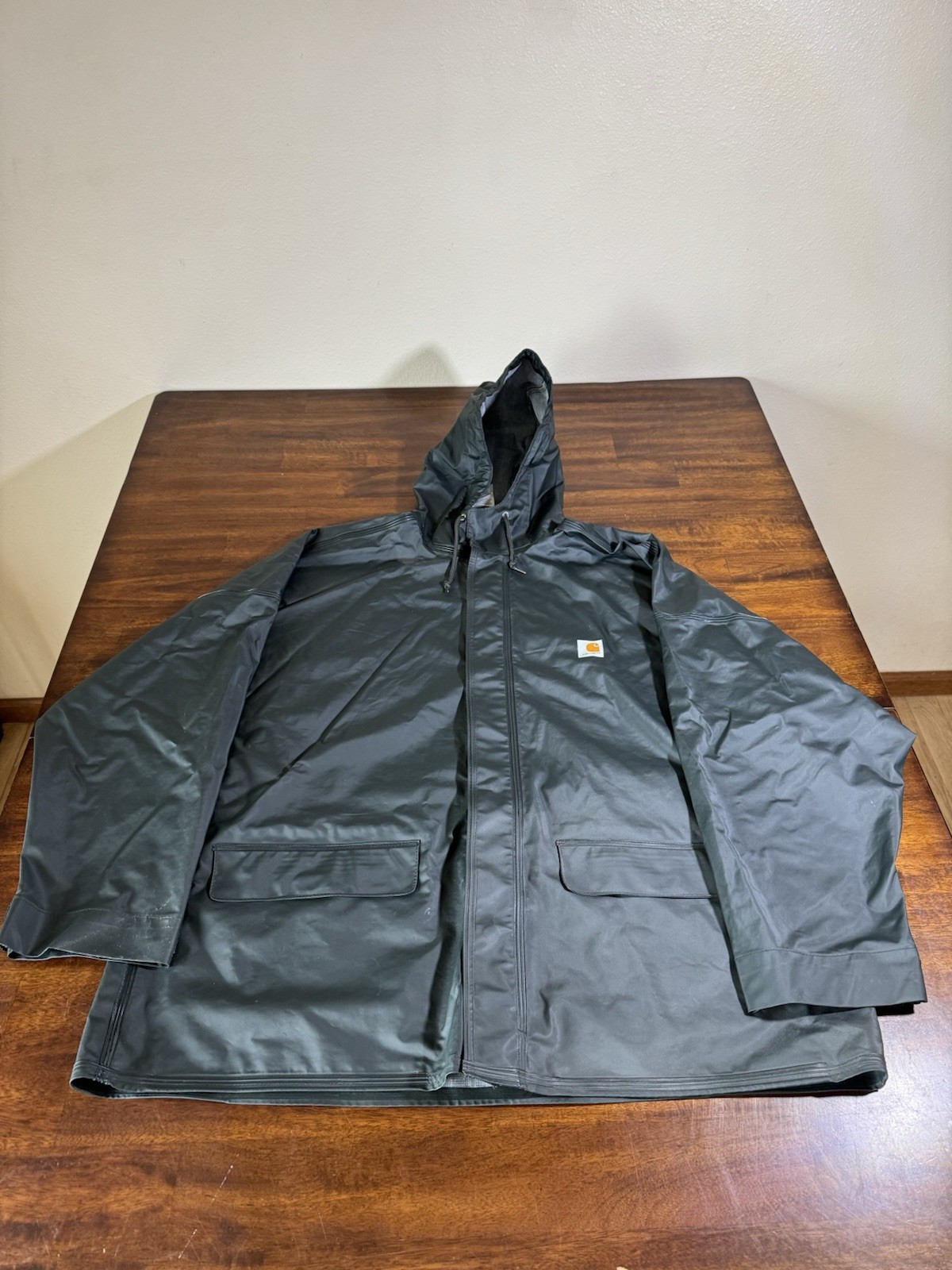 Carhartt Jacket Mens XL Dark Green Waterproof Rain Hooded Work Coat PVC Vinyl