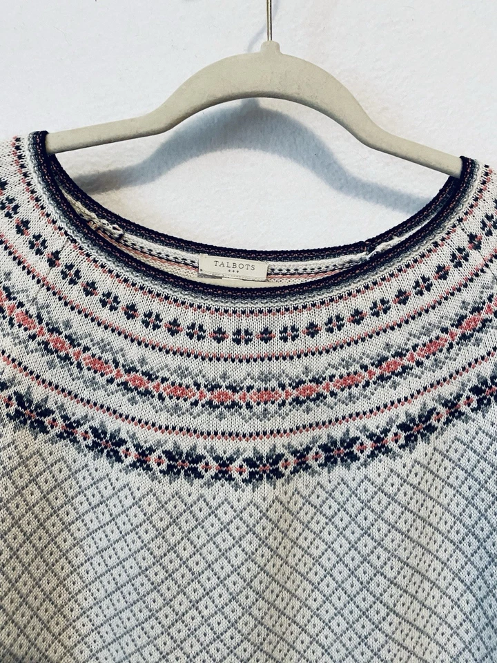Talbots Sweater Womens XL Gray Pink Fair Isle Snowflake Nordic Pullover Cozy - Image 2 of 4