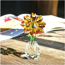 Qf QFkris Crystal Sunflower Figurine Table Flower Collectible Gold 