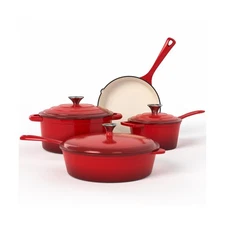 Kitchen Academy Enameled Cast Iron Cookware Sets - 7Pcs Pots and Pans Set Non...