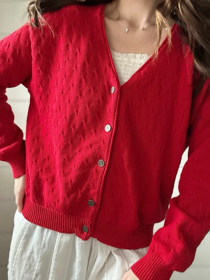 Cárdigan vintage Izod tejido con cable suéter damas 100 % algodón Foto 3 de 4