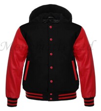 New Varsity baseball Letterman Black wool  Red Genuine Leather Sleeves Hoodie