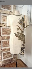 White and Gold Sequin Cocktail Dress / 80s Vintage