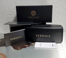 VERSACE BLACK LEATHER CLAMSHELL LARGE SUNGLASSES CASE+CLOTH+BOOKLET+BOX