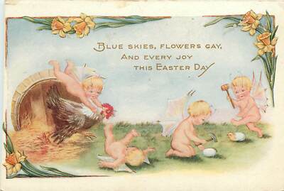 Whitney Embossed Easter Postcard; Fairies w/ Hammers help Chicks Hatch Out