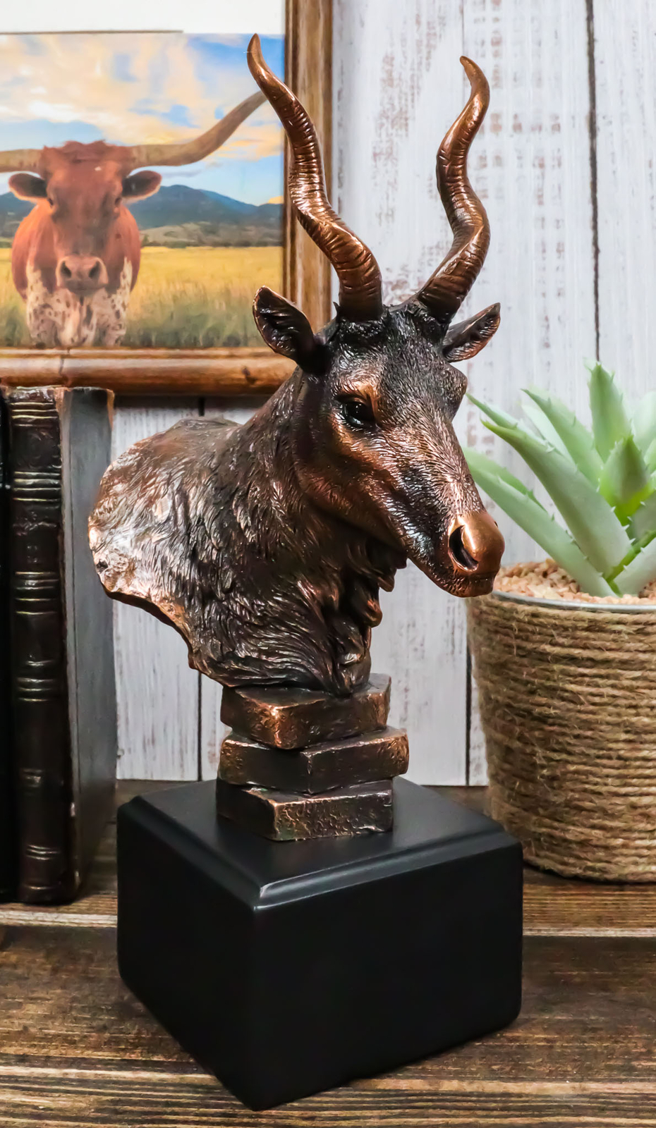 African Kudu Antelope Rustic Statue in Bronze Electroplated Finish With Base