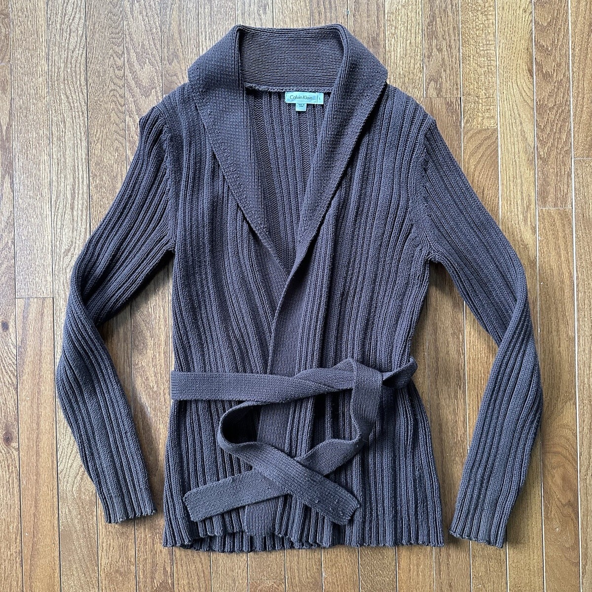 Calvin Klein Womens Large Long Sleeve Open Front Wrap Drape Sweater Brown  EUC!