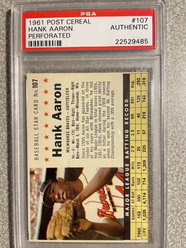 🔥1961 Post Cereal Hank Aaron #107 PERFORATED - NOT Hand Cut PSA Authentic
