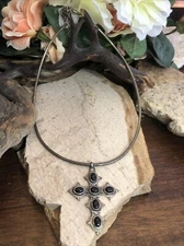 19. Vintage TJT 925 Sterling Cable Chain CROSS Black Onyx Pendant Necklace 16"+2