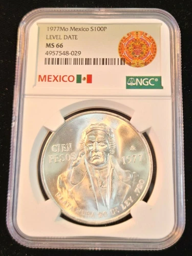 1977 MEXICO SILVER 100 PESOS S100P LEVEL DATE NGC MS 66 GEM BU BLAZER