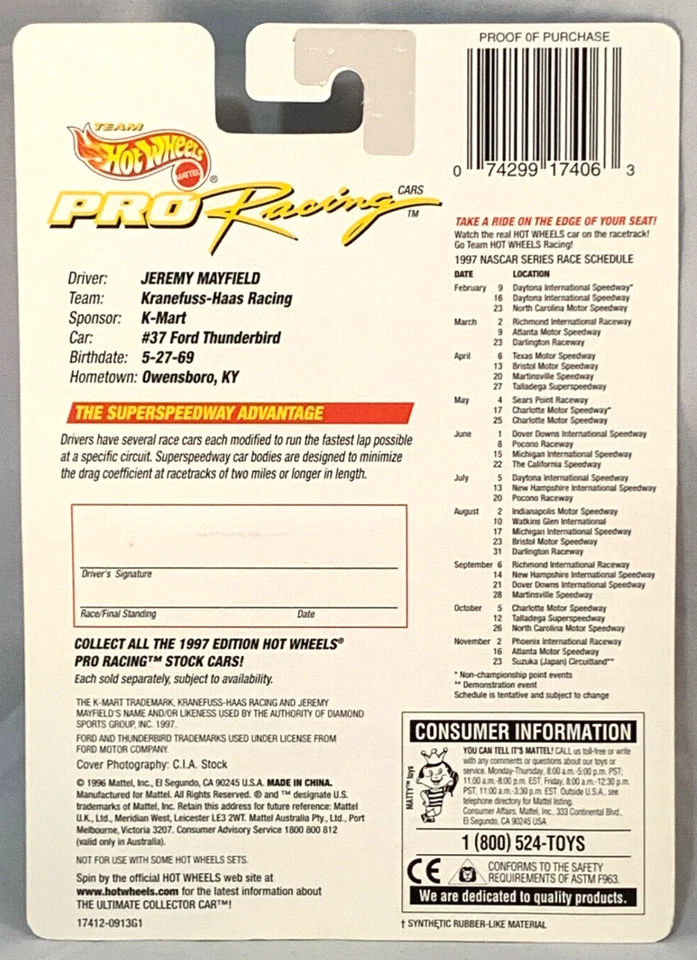 Hot Wheels Pro Racing 1997 #37 Ford Thunderbird Jeremy Mayfield KMart K-Mart - Image 2 of 2