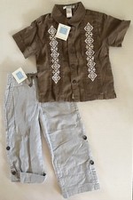 NWT Janie Jack 3 3T Tropical Havana Roll Cuff Stripe Pants Brown Linen Shirt