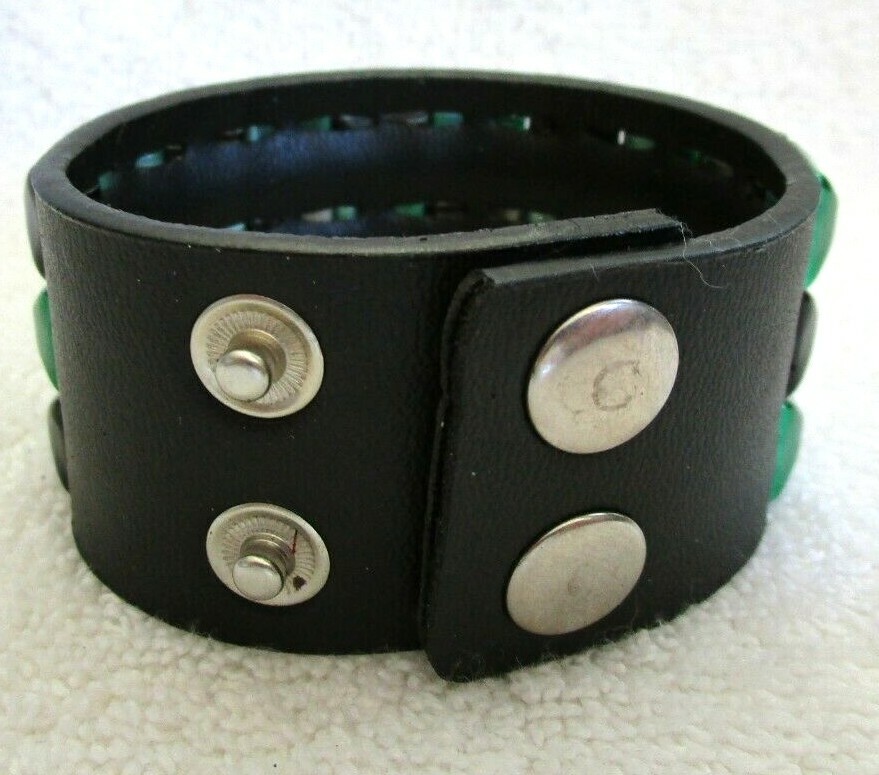 Black+Green triple row Checkered Studded Black Leather 9