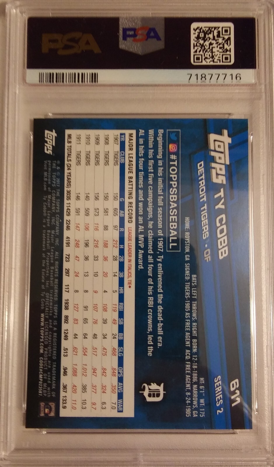 2017 Ty Cobb Topps SP #611B PSA 10 view 2