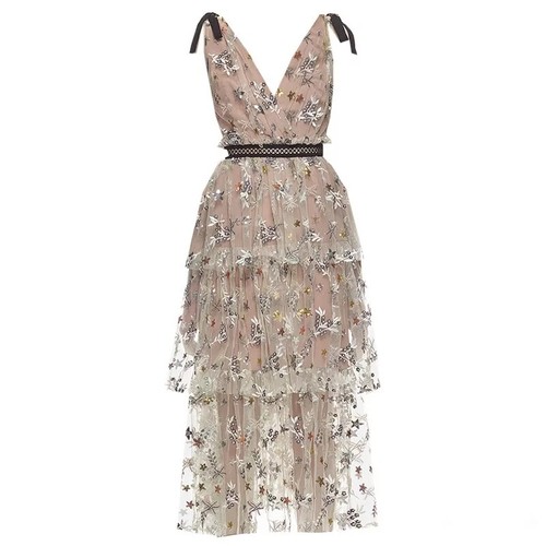 Sheer Mesh Embroidery Ruffle Layer Dress Lace