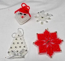 4 Handmade Plastic Canvas Various Designs Christmas Ornaments Tallest 3"