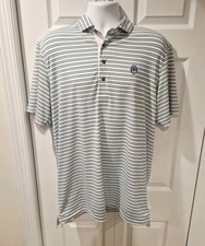 Greyson Golf Polo Performance Shirt Mens Large Blue White Striped Wolf Logo