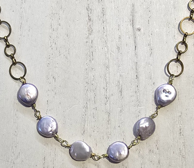 Artisan Made Lavender Purple Coin Pearls Brass Circle Link Chain Necklace