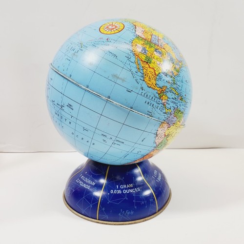 1960's Tin Lithograph Ohio Art Globe Coin Bank with Stopper [1327]