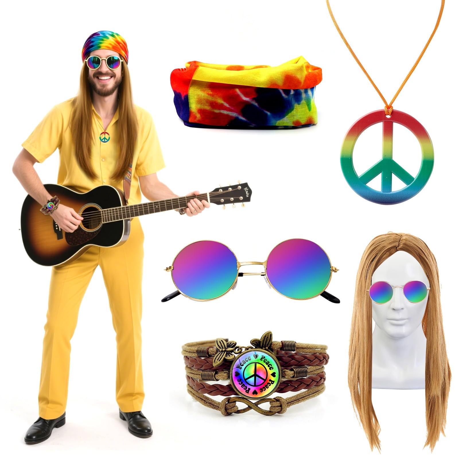 Kit Hippie Perruque Costume Set Confortable - 5 Accessoires Homme aux Fibres Souples