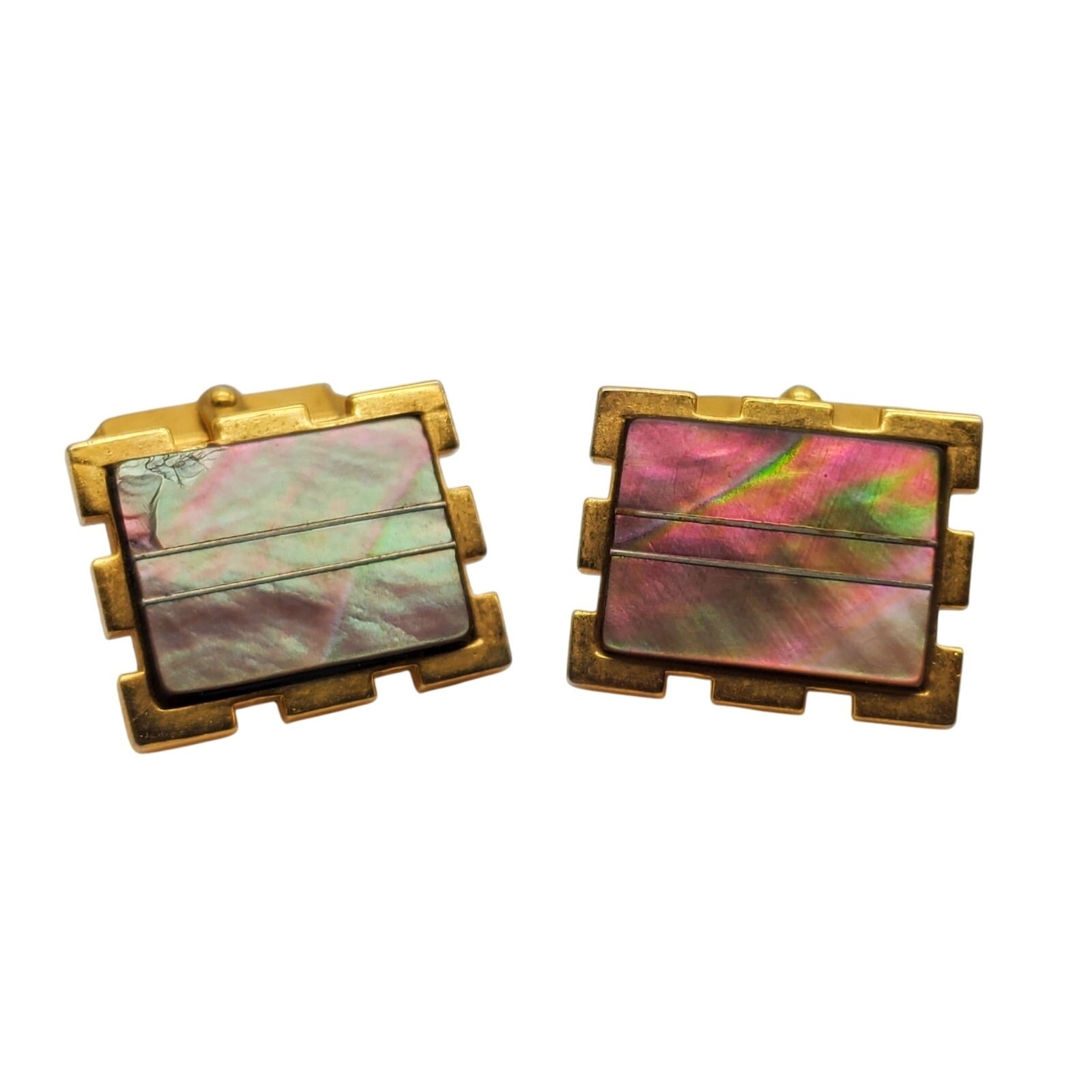 Cufflinks Abalone Shell Gold Tone Rectangle Inlay… - image 6