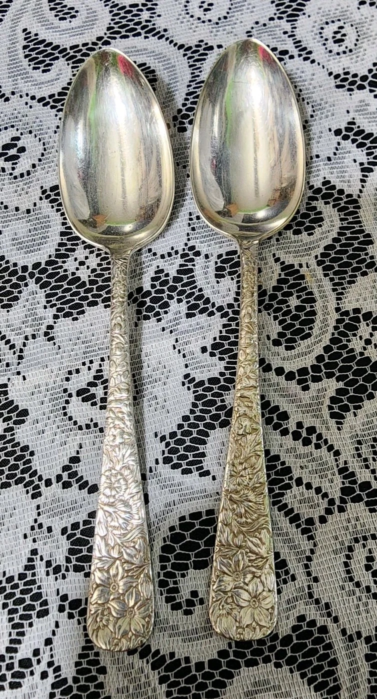 😜SET OF 2 1847 ROGERS ANTIQUE c1882! EMBOSSED SILVERPLATED TABLE SERVING SPOONS