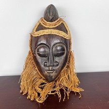 Vintage Indonesian 16  Wood Hand Carved Mask With Jute Hair