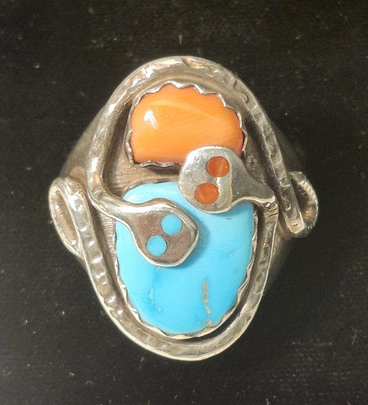Effie C Calavaza Zuni Serpent Ring Sterling Silver Turquoise Coral sz 11