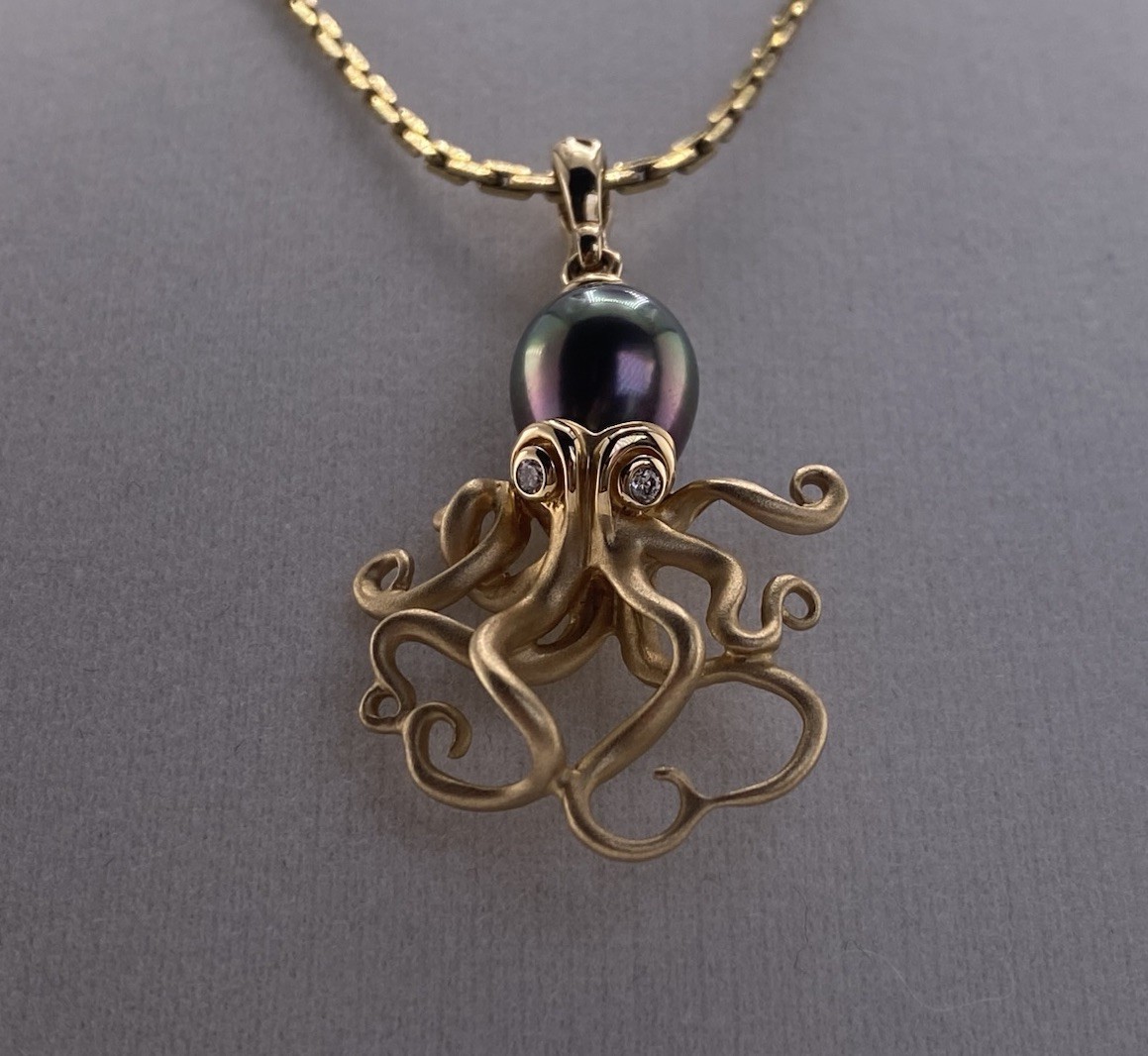 14K Gold, Pearl, Diamond Eyes Octopus Pendant