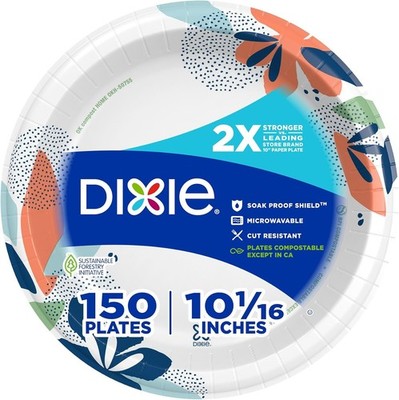 Dixie Large Paper Plates, 10 Inch, 150 Count, 2X Stronger*, Microwave-Safe, Soak