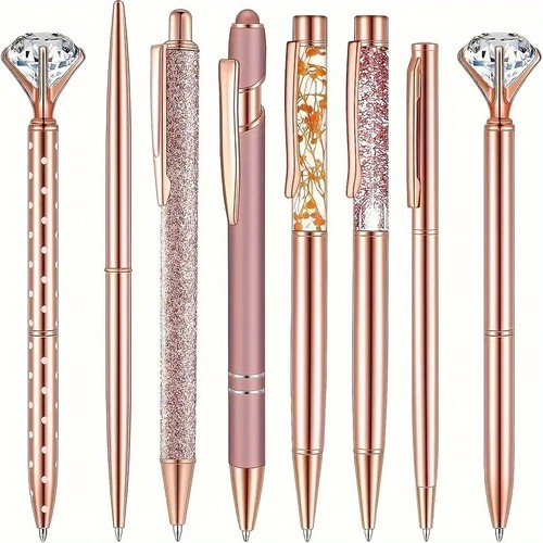 8pcs Rose Golden Ballpoint Pen Set - Stylish Metal Pens with Crystal Accents .