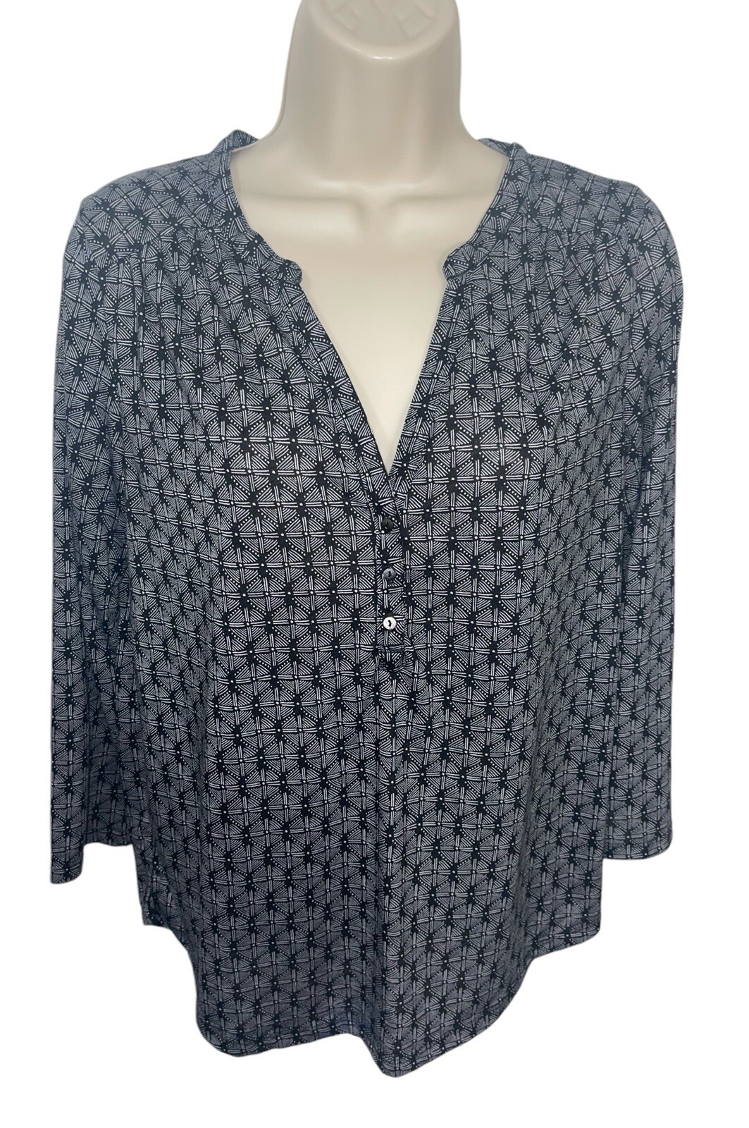 H&M Women's Size Small Black Grey Geometric Print Split Neck Blouse