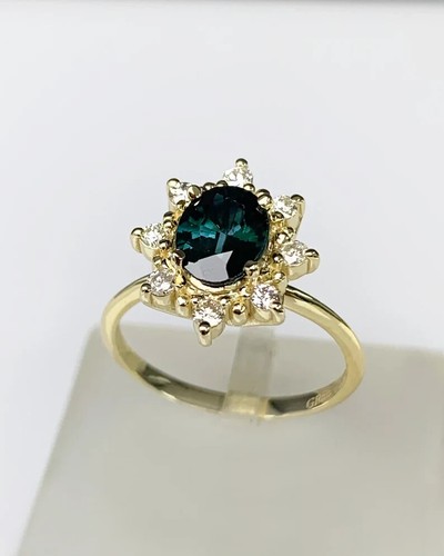 14K Gold Unique Teal Sapphire Classic Engagement Ring Flower Cluster Women ring - Picture 6 of 8