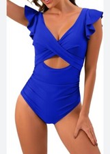 B2prity Womens One Piece Swimsuit Ruffle Cutout Bathing Suit XL Blue Beach Pool