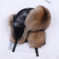 Winter Men's 100 Real Raccoon Fur Silver Fox Bomber Hat Ushanka Trapper Ski Cap