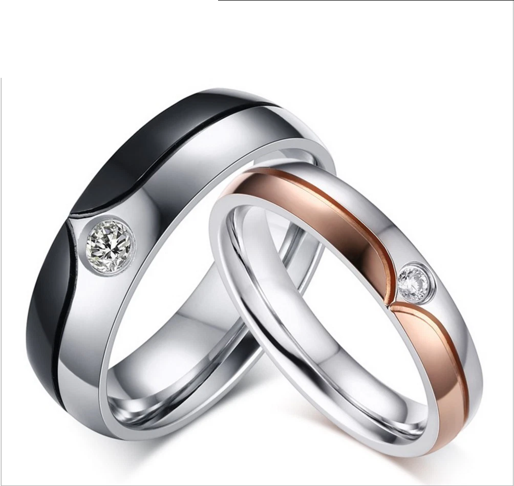 Stainless Steel Promise Wedding rings heart Imprint w zircon Love