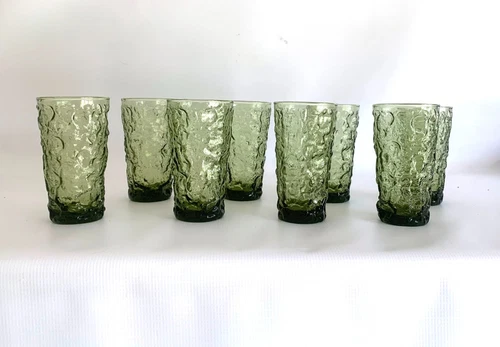 8 Vtg Anchor Hocking Lido Milano Avocado Green Crinkle 5-1/2" Tumblers Glasses