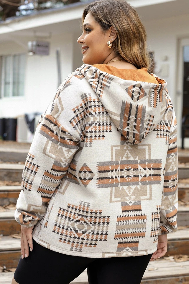 Beige Aztec Print Kangaroo Pocket Half-Zip Hoodie - Image 2 of 4