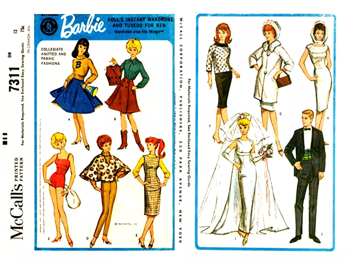 Reproduced McCalls 7311 - Barbie, Midge and Ken Doll Clothes Sewing  Patterns