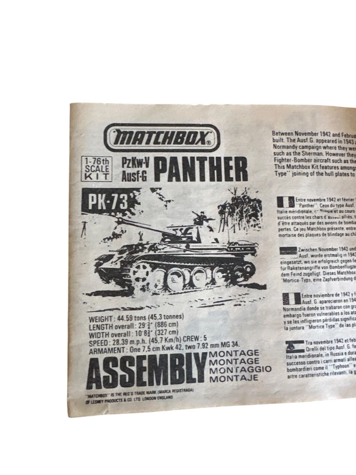 Matchbox 1:76 Scale PzKw-V Panther Model Kit PK-73 Unassembled with Decals - Image 3 of 4