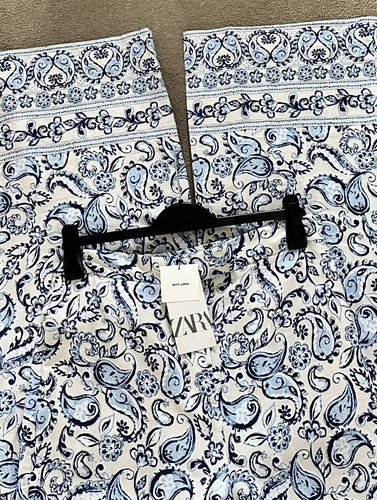 ZARA Printed Blue & Ecru Linen Blend Trousers Size L Bloggers Festival Hols Boho - 第 1/8 張圖片