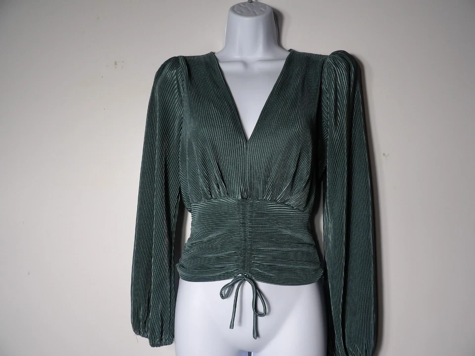 ASTR The Label Blouse Smocked Crop Career Accordian Pleated Green Slate V Neck - Image 3 of 4