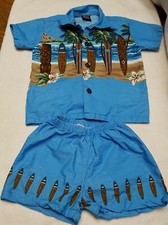 Hawaii Surf Boards Tiki Boys 2 Pc Set Shorts Shirt Toddler Blue Size 1-2 EC