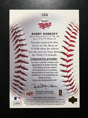 2008 Sweet Spot #103 Bobby Korecky AU RC #'d 199/399 Twins | eBay