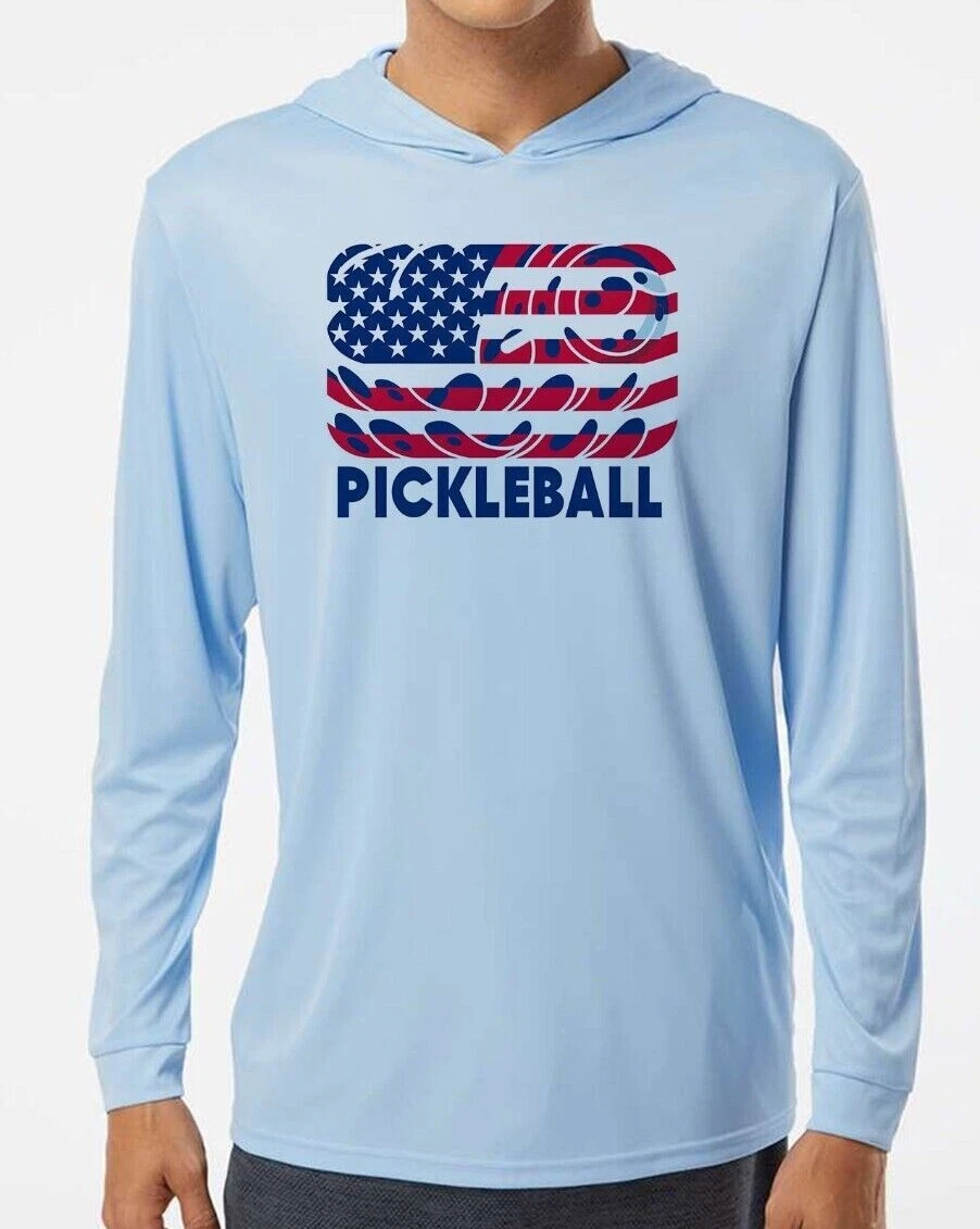 Pickleball American Flag Sport UV UPF 50 Long Sleeve Performance T-Shirt Hood