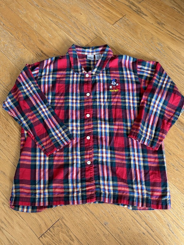 Disney Store Mickey Mouse Men’s Red Flannel Pajama Button Down Shirt, Size L/XL