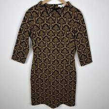 Boden Women’s Size 6 Black Gold Jacquard Floral Shift Dress 3/4 Sleeve