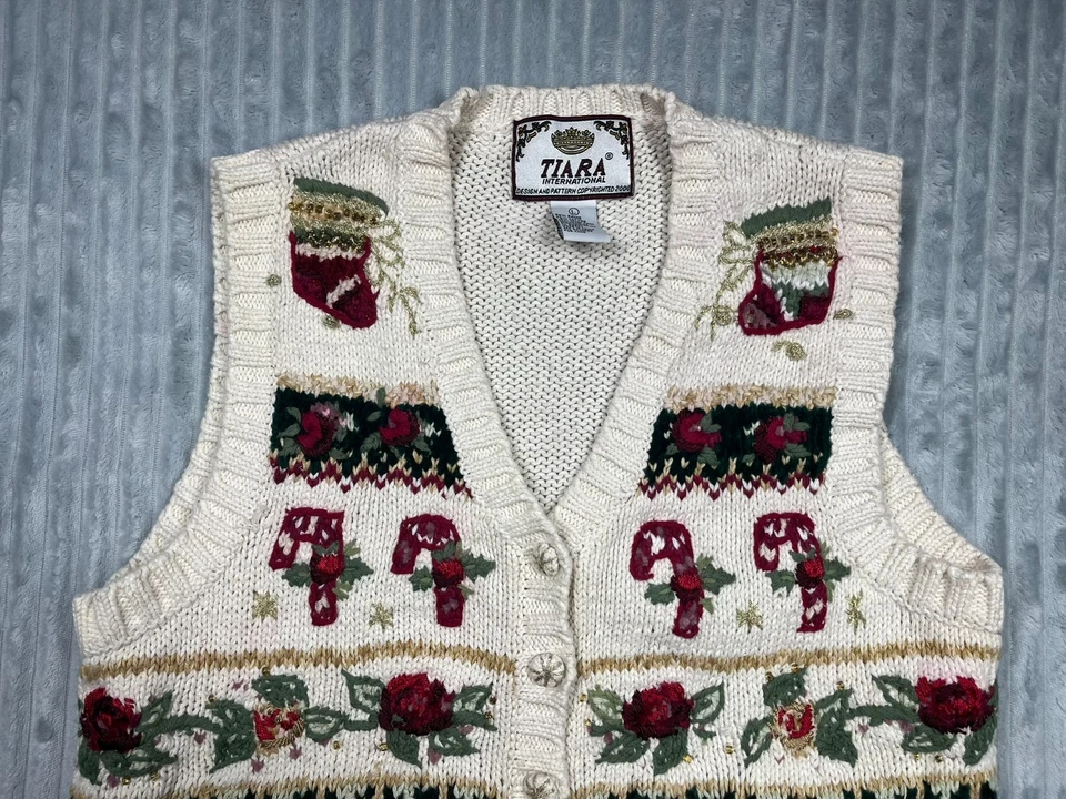Vintage Ugly Christmas Sweater Vest Women's L Chunky Knit Embroidered Grandma * - Image 3 of 4