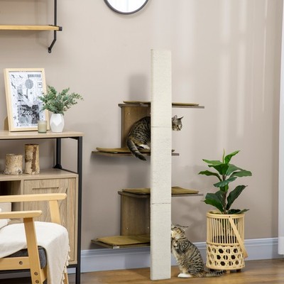 4-Layer Wall-Mounted Cat Tree with Scratching Board Cushions, Natural