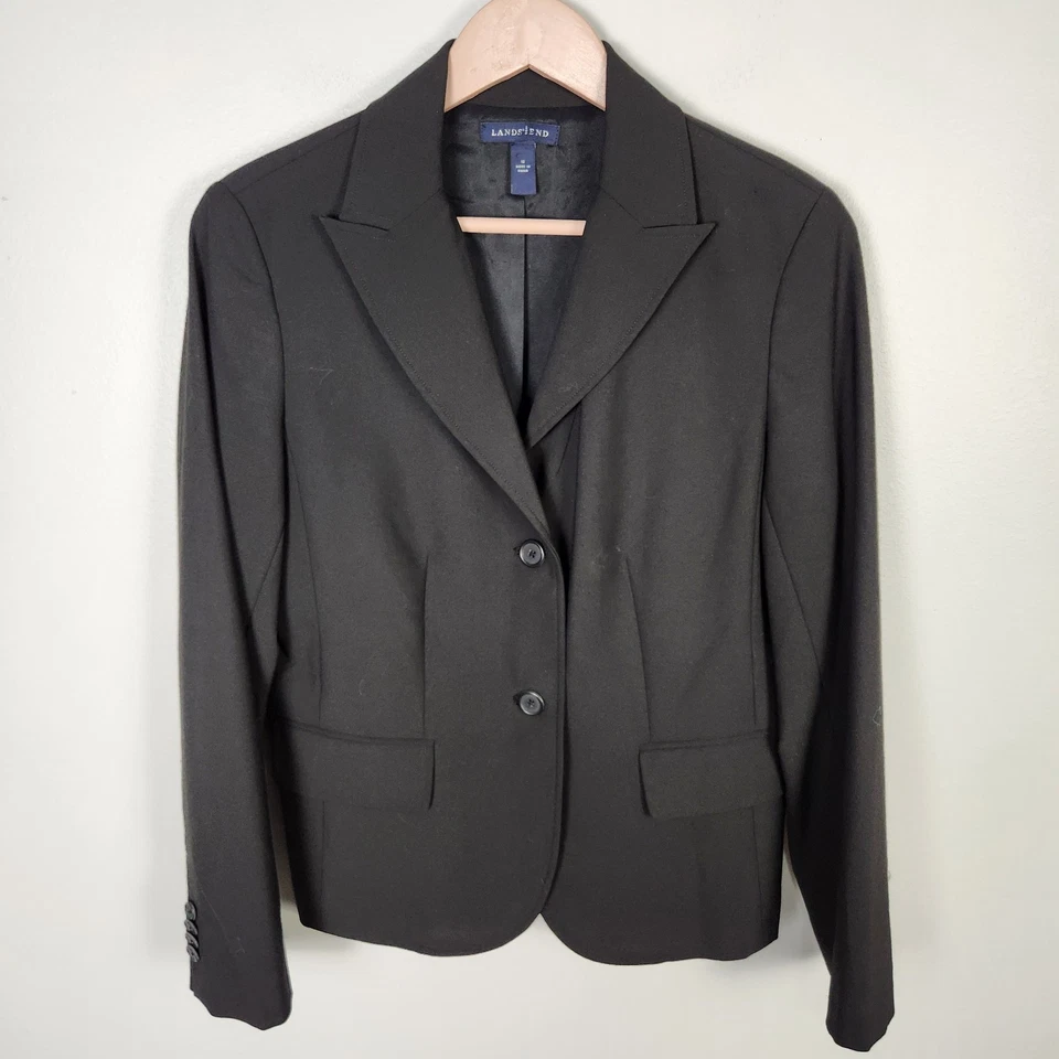 EUC Lands End Black Bi-Stretch Two Button Machine Washable Blazer (12) #0583 - Image 2 of 4